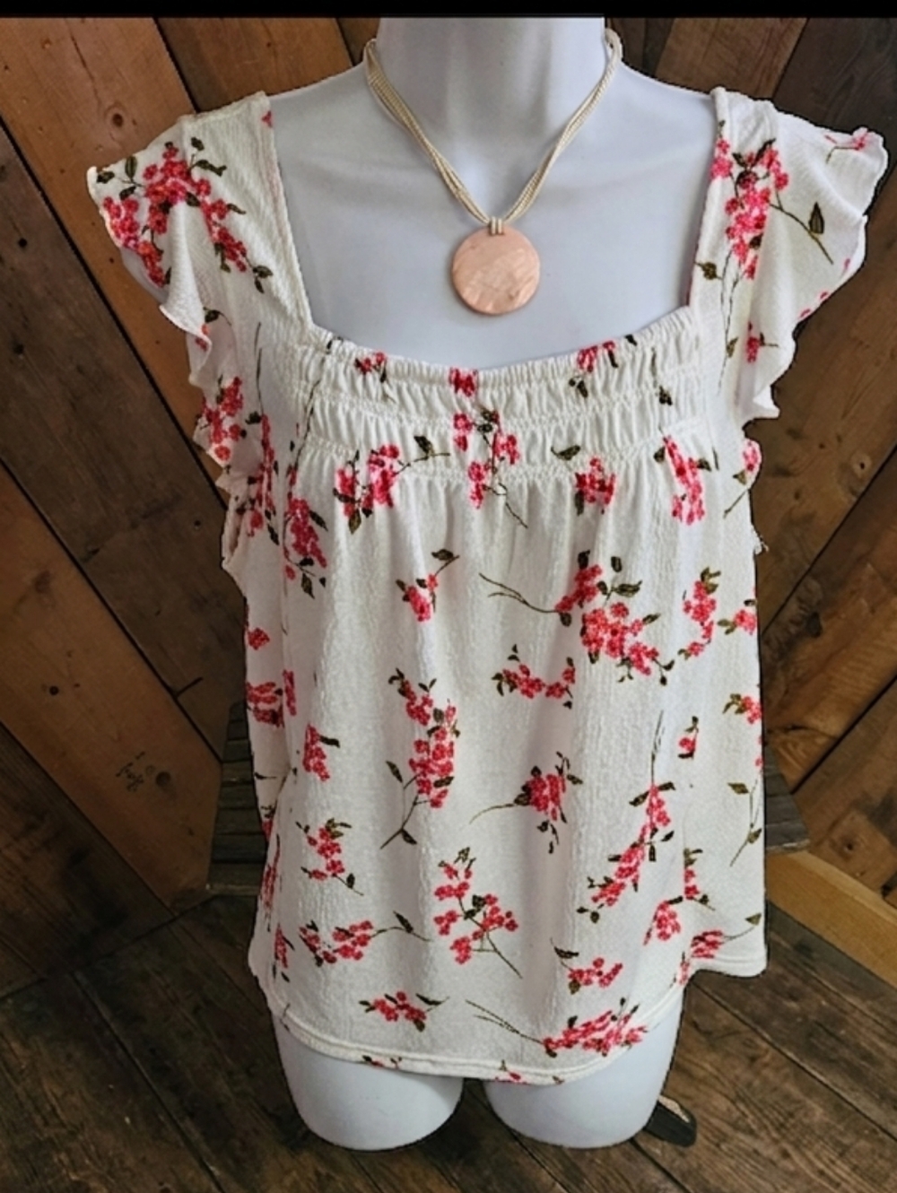 MELLODAY White Floral Flutter Sleeve Smocked Square Neck Peasant Blouse Med